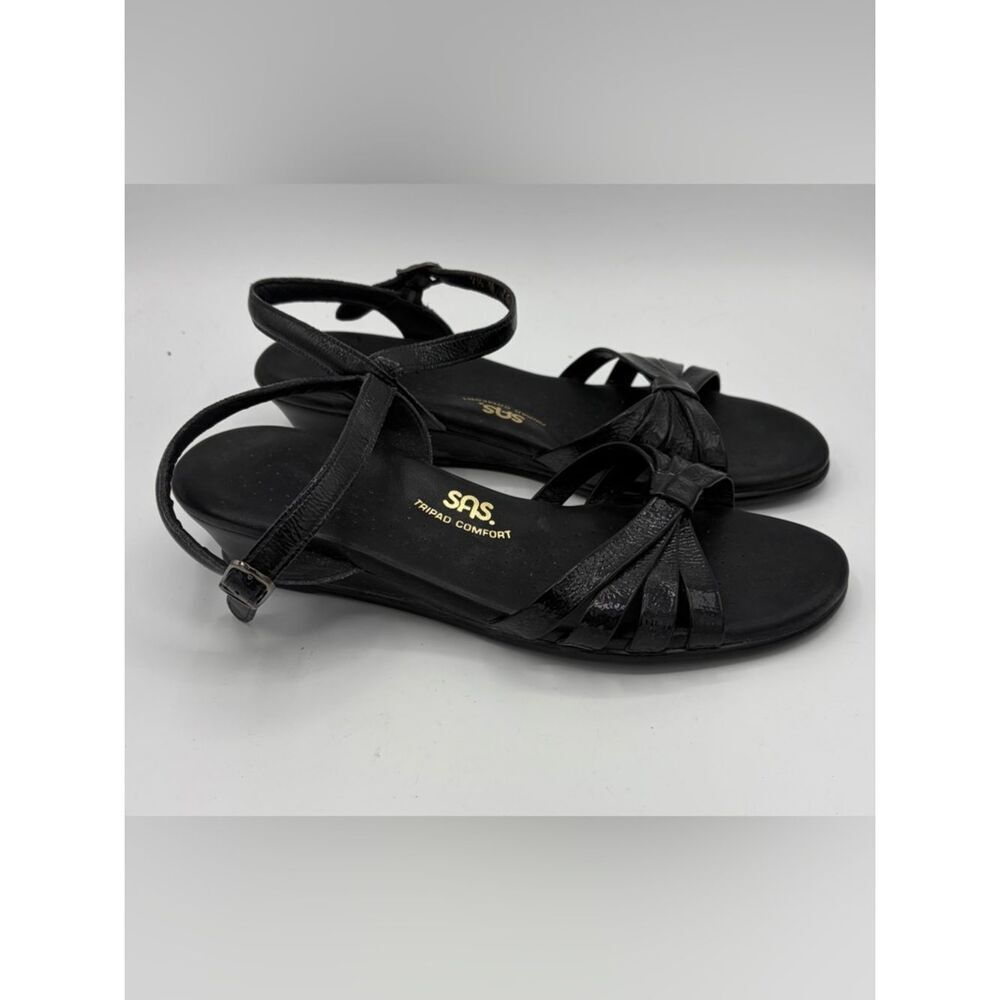 SAS patent leather black strapy semi wedge sandal women’s 9.5
